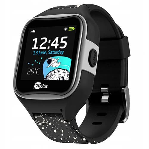 Zegarek GPS dla dzieci marki Motus Watchy w kolorze czarnym z ekranem godzinowym